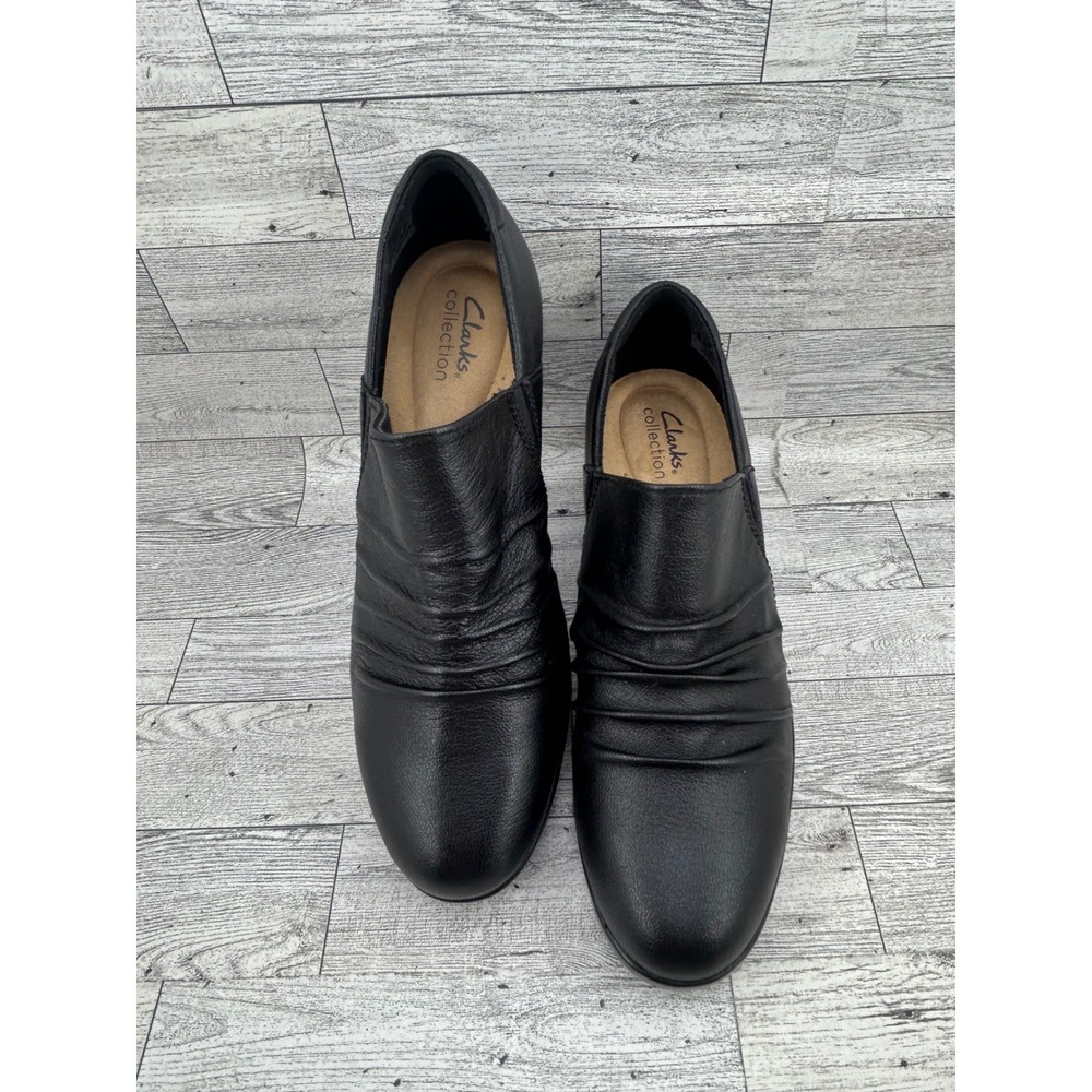 Clarks Collection Black Leather Ruched Block Heel Ankle Bootie Women's Size 9 M